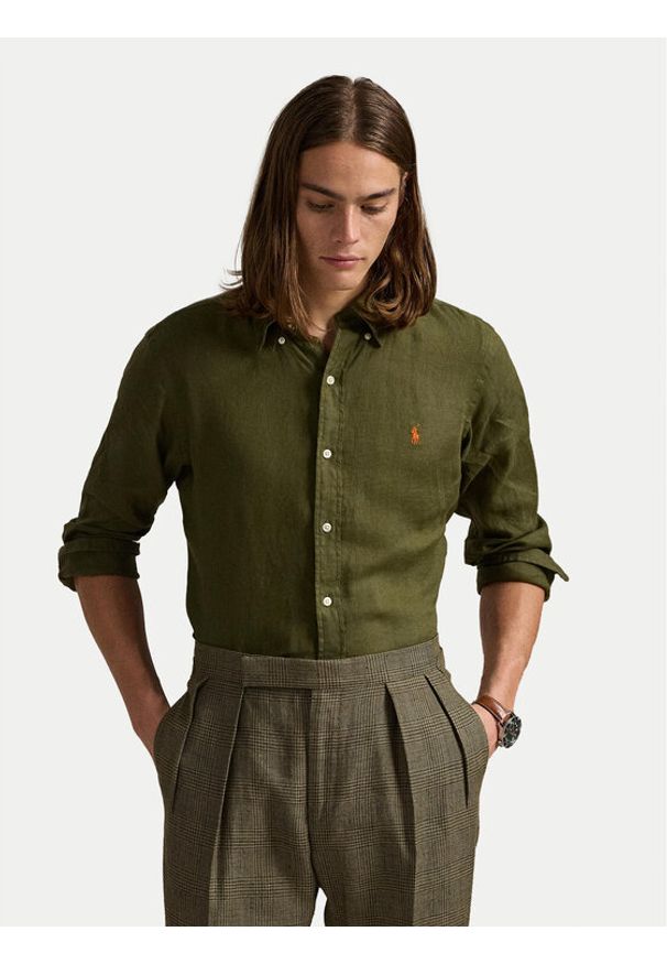 Polo Ralph Lauren Koszula 710968915006 Khaki Slim Fit. Typ kołnierza: polo. Kolor: brązowy. Materiał: len