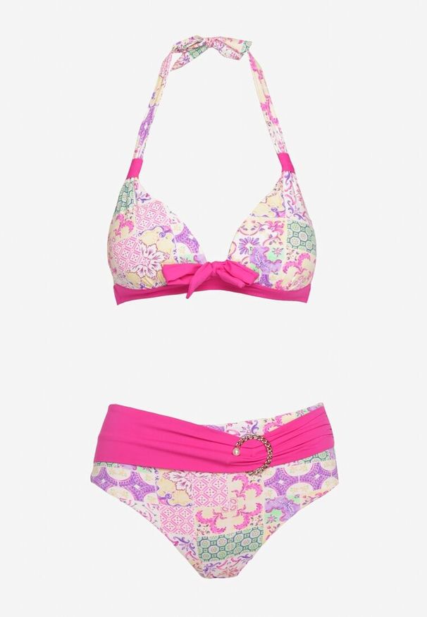 Born2be - Fuksjowo-Beżowe Bikini z Ozdobnym Wzorem i Paskiem z Klamrą na Figach Uptella. Kolor: różowy