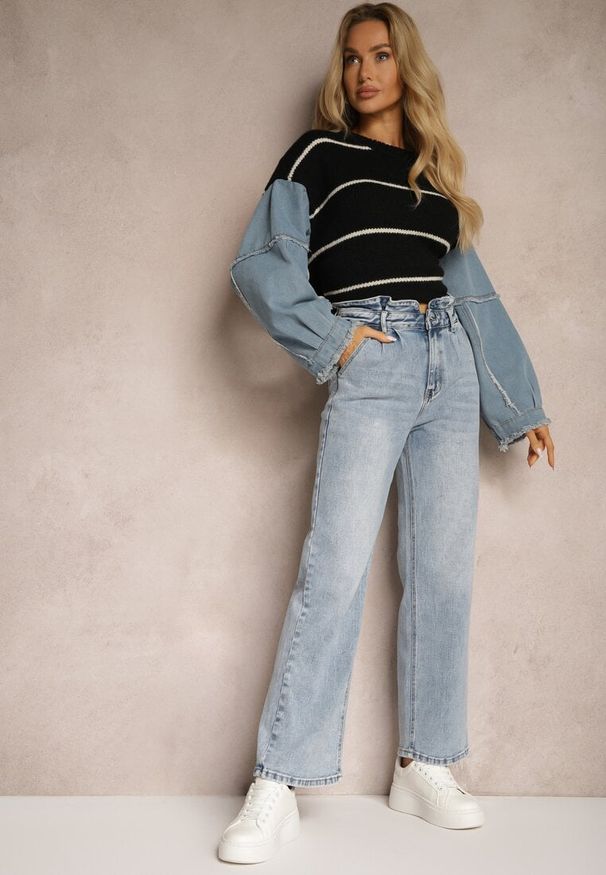 Renee - Niebieskie Jeansy Spodnie High Waist z Szerokimi Nogawkami Sancilla. Stan: podwyższony. Kolor: niebieski. Materiał: jeans. Styl: retro, elegancki
