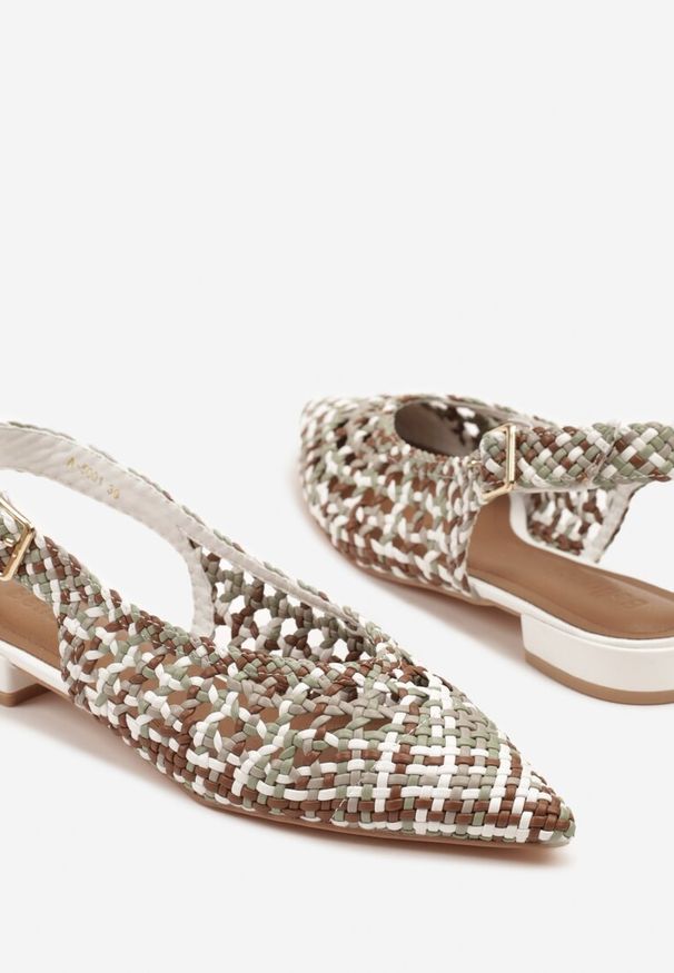 Renee - Brązowo-Białe Sandały Slingback z Szydełkową Cholewką Linisella. Okazja: na co dzień. Zapięcie: sprzączka. Kolor: brązowy. Sezon: lato. Obcas: na obcasie. Styl: casual. Wysokość obcasa: średni