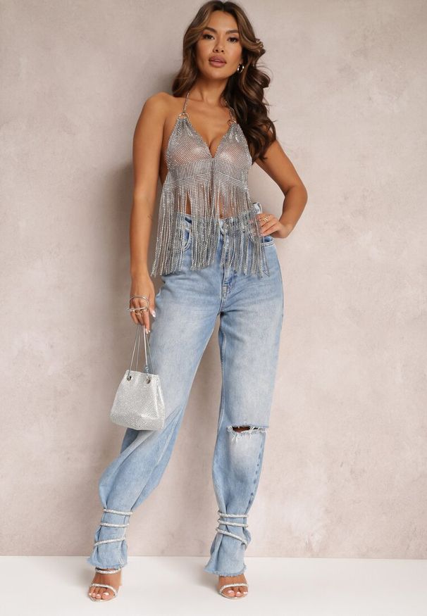 Renee - Srebrny Top z Cyrkonii z Frędzlami i Odkrytymi Plecami Dahiana. Kolor: srebrny