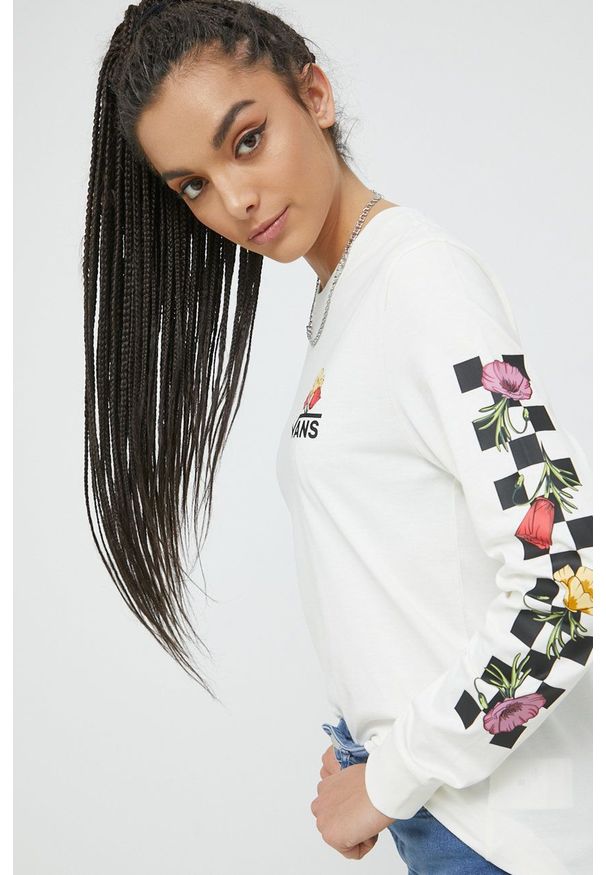 Vans longsleeve bawełniany kolor beżowy. Okazja: na co dzień. Kolor: beżowy. Materiał: bawełna. Długość rękawa: długi rękaw. Wzór: nadruk. Styl: casual