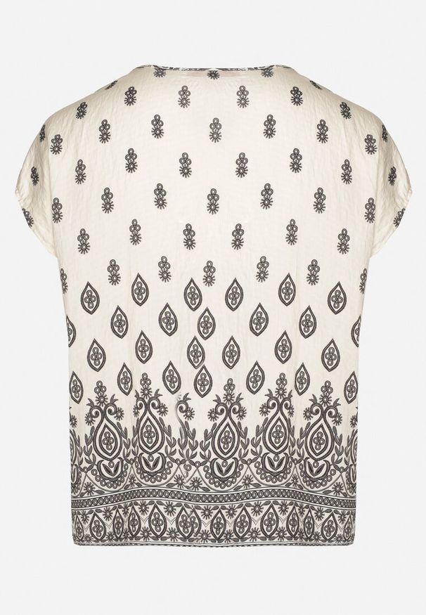 Born2be - Biało-Czarna Bluzka w Boho Wzór z Wiązaniem przy Dekolcie Jenalia. Kolor: czarny. Materiał: jeans, materiał. Styl: boho