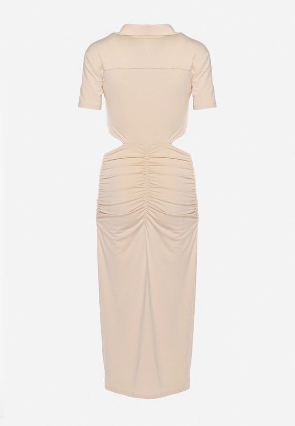 Born2be - Beżowa Sukienka Koszulowa z Wycięciami w Talii i i Marszczeniami Zapinana na Guziki Quvlea. Okazja: na co dzień. Kolor: beżowy. Materiał: wiskoza, jeans. Typ sukienki: koszulowe. Styl: casual