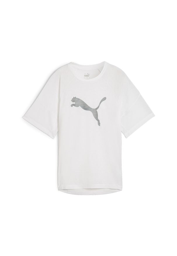 Puma - Damska koszulka z nadrukiem EVOSTRIPE PUMA White. Kolor: biały. Wzór: nadruk. Sport: joga i pilates