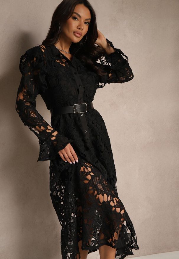 Renee - Czarna Koronkowa Maxi Sukienka o Rozkloszowanym Fasonie Sedumma. Kolor: czarny. Materiał: koronka. Długość: maxi