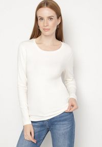Born2be - Biała Bluzka Typu Longsleeve z Okrągłym Dekoltem Unelessa. Kolor: biały. Materiał: jeans. Długość rękawa: długi rękaw. Styl: klasyczny, elegancki #1