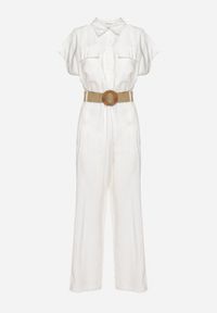 Born2be - Biały Kombinezon Utility z Paskiem Plecionym z Okrągłą Klamrą Vesalia. Okazja: na co dzień. Kolor: biały. Długość rękawa: krótki rękaw. Długość: krótkie. Wzór: aplikacja. Styl: klasyczny, casual, elegancki #7