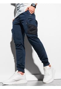 Ombre Clothing - Spodnie męskie dresowe joggery P918 - granatowe - XL. Kolor: niebieski. Materiał: dresówka