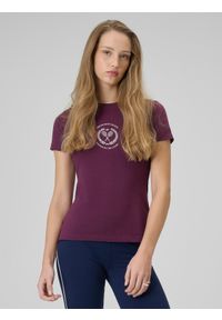 4f - 4F T-shirt slim z nadrukiem damski - czerwony XS. Okazja: na co dzień, na spacer. Kolor: czerwony. Materiał: materiał, bawełna, jeans. Wzór: nadruk. Styl: casual #1