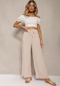 Renee - Jasnobeżowe Bawełniane Spodnie Palazzo High Waist z Gumką w Pasie Gitanea. Okazja: na co dzień. Stan: podwyższony. Kolor: beżowy. Materiał: bawełna. Styl: elegancki, casual