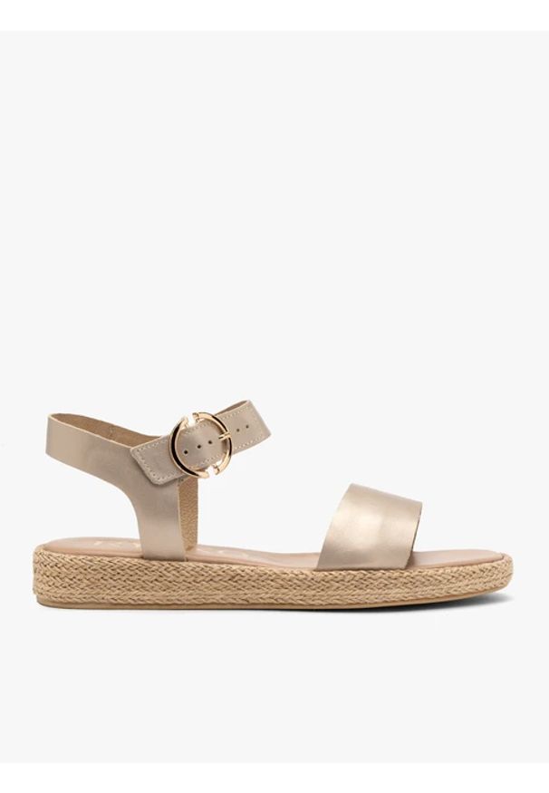 Ryłko - Platynowe sandały damskie płaskie. Zapięcie: sprzączka. Kolor: szary. Materiał: skóra. Sezon: lato. Obcas: na obcasie. Styl: street, elegancki