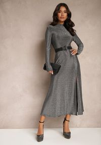 Renee - Srebrna Elegancka Sukienka z Wiskozą i Brokatem Werista. Kolor: srebrny. Materiał: wiskoza. Sezon: zima. Styl: elegancki