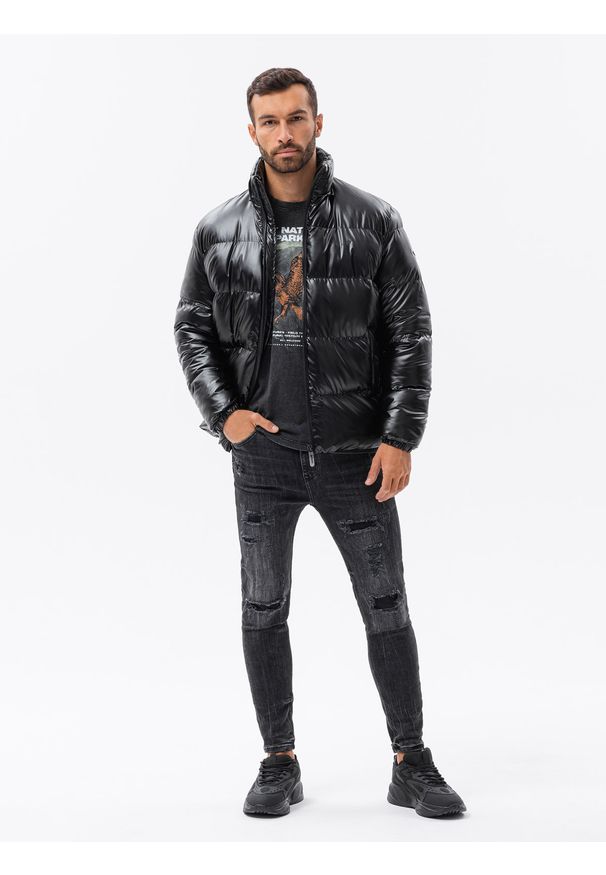 Ombre Clothing - Kurtka męska zimowa puffer błyszcząca - czarna V1 - Rozmiar: XL. Kolor: czarny. Materiał: poliester, nylon. Sezon: zima