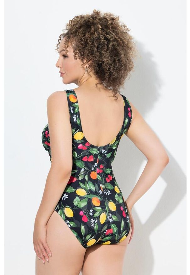 ULLA POPKEN - Damski Kostium kąpielowy owoce marszczenie miękkie miseczki. Kolekcja: plus size. Kolor: czarny. Materiał: poliester, elastan, poliamid, materiał