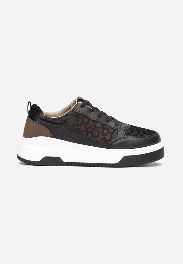 Renee - Czarne Sneakersy Zdobione Wstawką Lerijane. Kolor: czarny. Materiał: koronka. Wzór: aplikacja