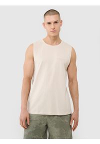 4f - 4F Tank top oversize męski - beżowy M. Kolor: beżowy. Materiał: dzianina, bawełna, jersey. Długość rękawa: bez rękawów. Wzór: gładki, ze splotem, napisy