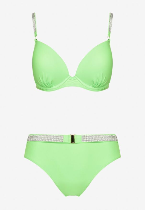 Born2be - Jasnozielone Bikini Biustonosz z Cyrkoniami i Majtki Typu Figi Tesenna. Kolor: zielony. Wzór: aplikacja