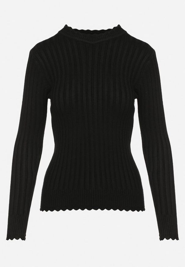 Born2be - Czarny Prążkowany Sweter z Bawełną Mevin. Okazja: na co dzień. Kolor: czarny. Materiał: prążkowany, bawełna. Styl: casual, elegancki