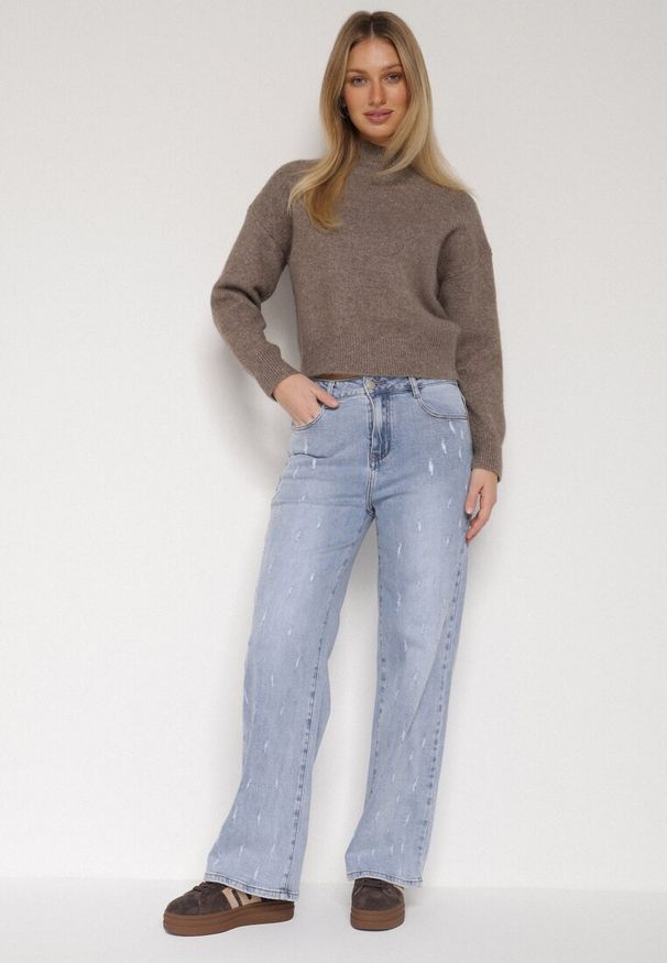 Born2be - Niebieskie Bawełniane Szerokie Jeansy z Wysokim Stanem i Przetarciami Lilinryss. Okazja: na co dzień. Stan: podwyższony. Kolor: niebieski. Styl: casual