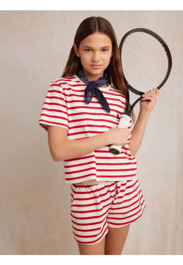 Big-Star - Koszulka dziewczęca w paski czerwono-beżowa Maruna 603. Okazja: na co dzień, na spacer. Kolor: czerwony. Materiał: dzianina. Wzór: paski. Sezon: lato. Styl: casual