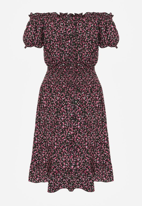 Renee - Czarno-Czerwona Bawełniana Sukienka z Gumką w Talii o Fasonie Hiszpanki Jazmi. Okazja: na co dzień, na spacer. Typ kołnierza: dekolt hiszpanka. Kolor: czarny. Materiał: bawełna. Wzór: aplikacja. Typ sukienki: sportowe, proste. Styl: sportowy, casual, elegancki