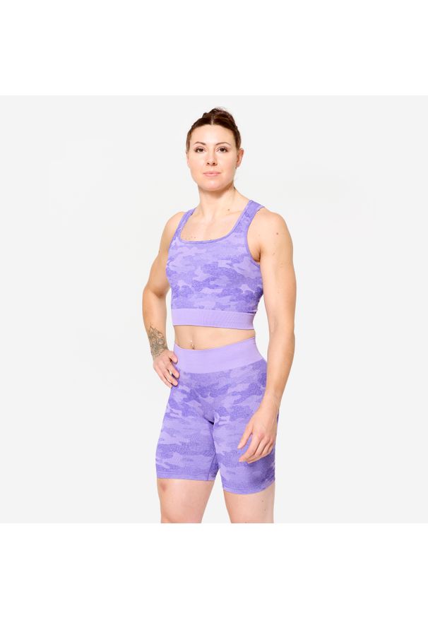 DOMYOS - Koszulka fitness damska Domyos crop top. Kolor: fioletowy. Materiał: materiał, poliamid, poliester, elastan. Sport: fitness