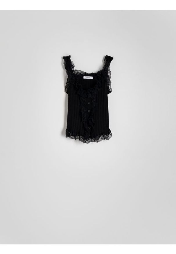 Reserved - Bluzka z koronką - czarny. Kolor: czarny. Materiał: koronka. Wzór: koronka