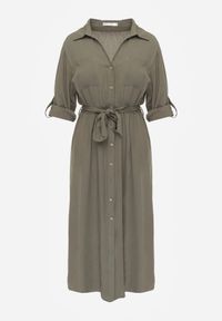 Renee - Zielona Koszulowa Sukienka Utility z Bawełny z Wiązanym Paskiem w Talii Retona. Okazja: na co dzień. Kolor: zielony. Materiał: bawełna. Sezon: lato. Typ sukienki: koszulowe. Styl: boho, glamour, casual #5