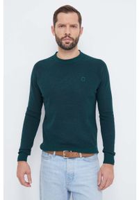 Trussardi Jeans - Trussardi sweter z domieszką wełny męski kolor zielony lekki. Kolor: zielony. Materiał: wełna. Długość rękawa: raglanowy rękaw. Styl: klasyczny #1
