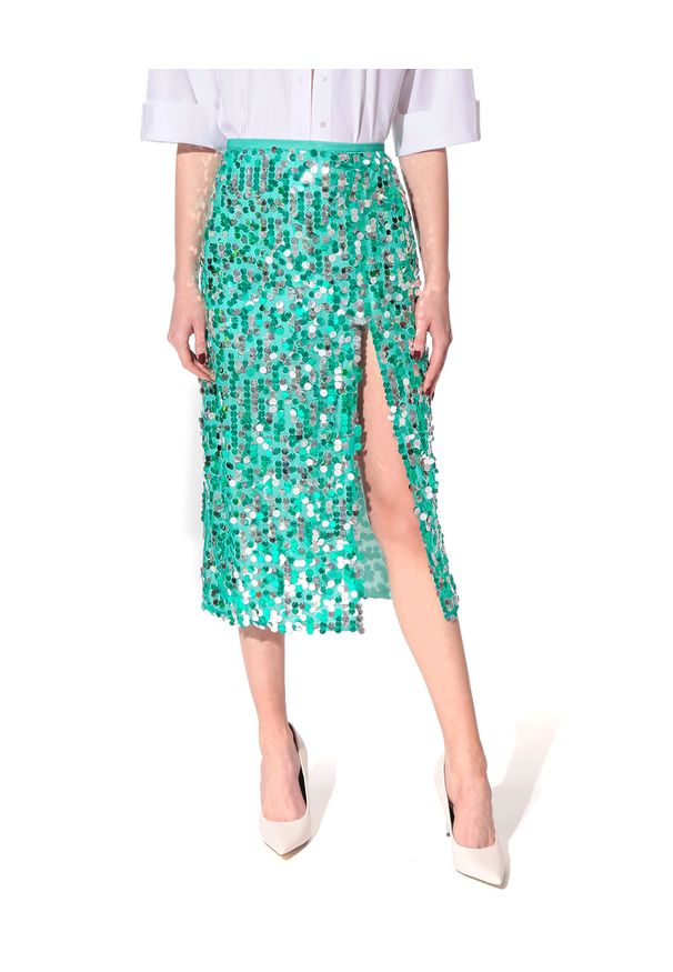 AGGI - Turkusowa cekinowa spódnica Layla. Stan: podwyższony. Kolor: zielony. Materiał: wiskoza. Wzór: aplikacja. Styl: klasyczny, elegancki