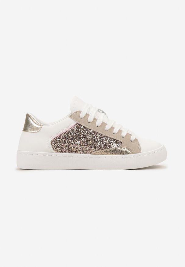 Born2be - Biało-Złote Kolorowe Sneakersy z Brokatową Wstawką i Sznurowaniem Livora. Kolor: biały. Szerokość cholewki: normalna. Wzór: kolorowy. Obcas: na płaskiej podeszwie