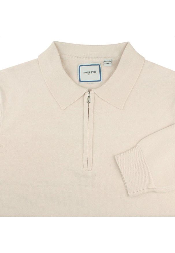 Męski, Lekki Sweter z Wiskozy z Kołnierzykiem Polo - Brave Soul - Kremowy. Typ kołnierza: polo. Kolor: beżowy, brązowy, wielokolorowy. Materiał: poliester, wiskoza, poliamid