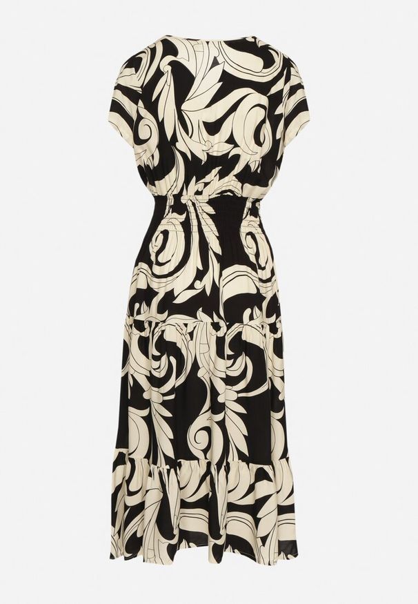 Born2be - Czarna Sukienka z Bawełny Ozdobiona Guzikami i Geometrycznym Wzorem Talissea. Okazja: na co dzień. Typ kołnierza: dekolt w kształcie V. Kolor: czarny. Materiał: bawełna. Wzór: aplikacja, geometria. Sezon: lato. Styl: casual