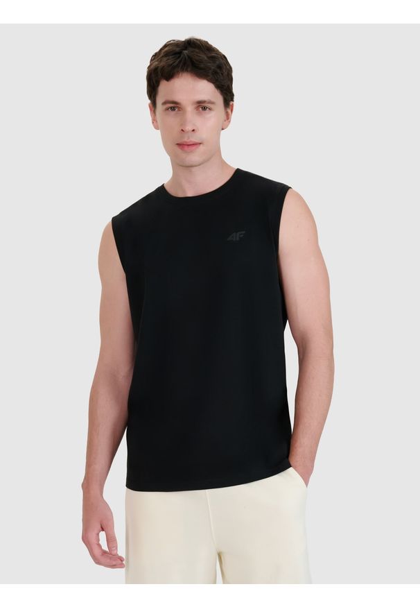 4f - 4F Tank top regular gładki męski - czarny S. Kolor: czarny. Materiał: bawełna, dzianina, jersey. Długość rękawa: na ramiączkach. Wzór: gładki