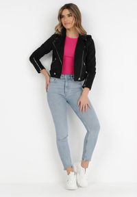 Born2be - Czarna Ramoneska Lilah. Kolor: czarny. Materiał: jeans, dzianina. Długość: krótkie. Wzór: gładki, aplikacja #3