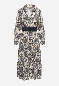 Born2be - Granatowo-Beżowa Wiskozowa Kopertowa Sukienka w Stylu Boho z Materiałowym Paskiem z Klamrą Rinovia. Okazja: na co dzień. Kolor: niebieski. Materiał: wiskoza, materiał. Wzór: aplikacja. Typ sukienki: kopertowe. Styl: boho #6