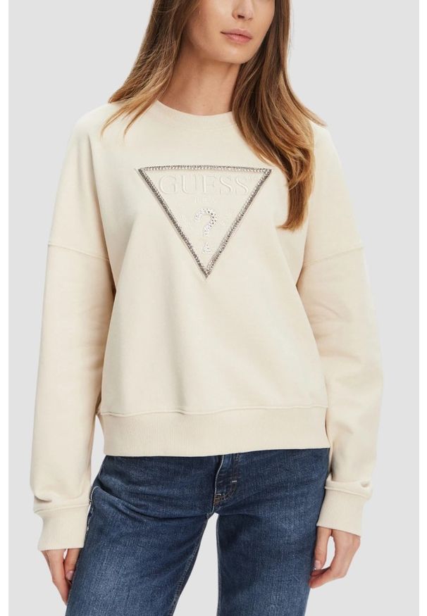 Guess - GUESS Beżowa damska bluza z cyrkoniami Rachele, Rozmiar L. Kolor: beżowy