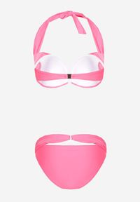 Born2be - Różowe 2-Częściowe Bikini Stanik Zapinany na Szyi Majtki z Ozdobną Aplikacją Peviana. Kolor: różowy. Wzór: aplikacja