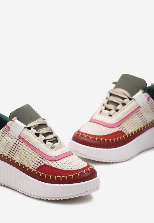 Born2be - Bordowe Sneakersy na Platformie z Tweedowymi Wstawkami i Przeszyciami Leganna. Kolor: czerwony. Obcas: na platformie