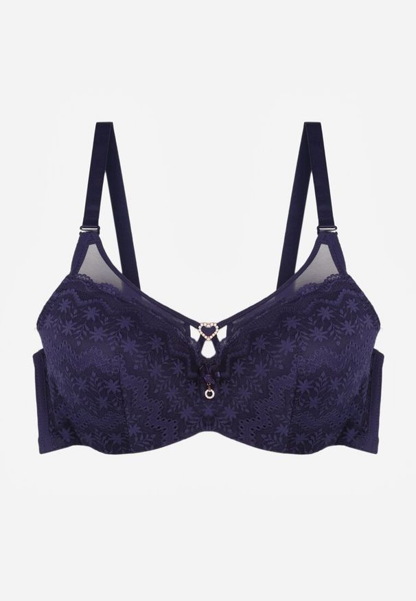 Renee - Granatowy Biustonosz z Koronki z Sercem z Cyrkonii Adrievianna. Kolor: niebieski. Materiał: koronka. Wzór: koronka