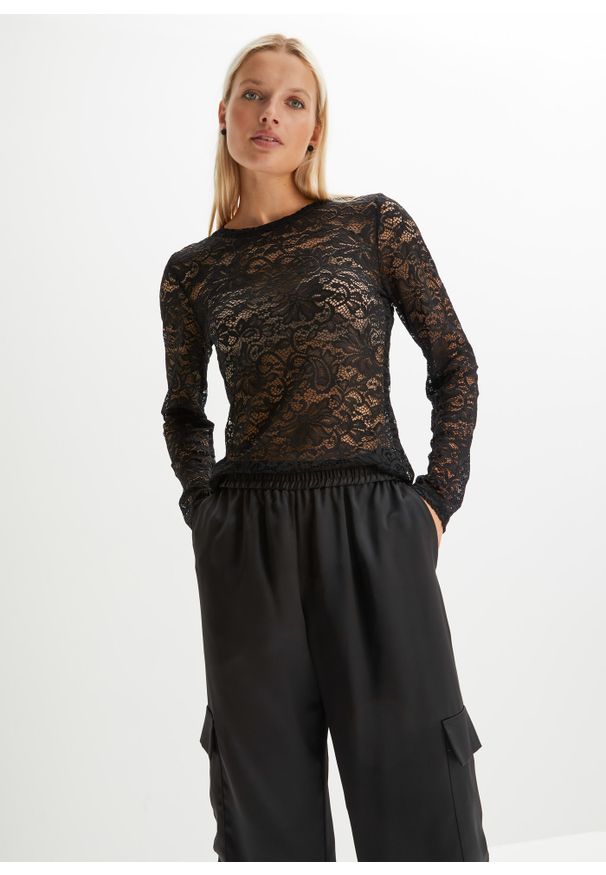 bonprix - Shirt koronkowy. Kolor: czarny. Materiał: koronka. Wzór: kwiaty