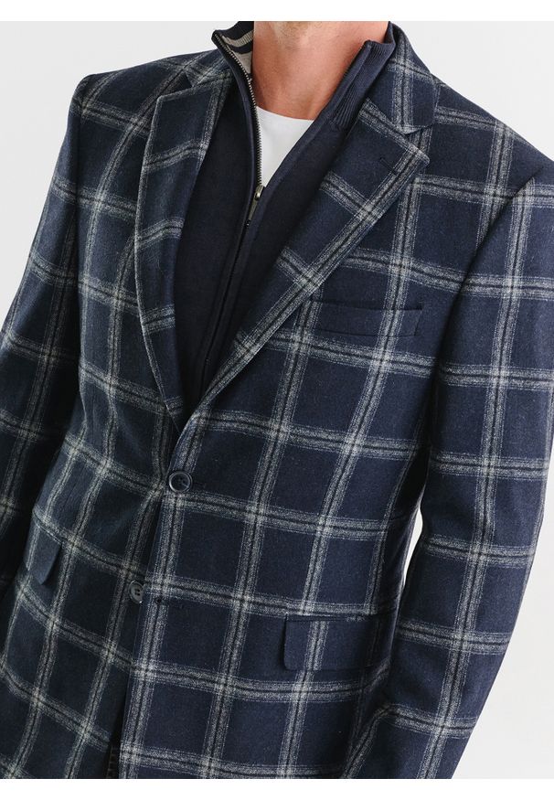 Pako Lorente - PAKO LORENTE – Granatowa marynarka casual w jasną kratkę. Okazja: na co dzień. Kolor: niebieski. Materiał: wełna, elastan, poliester. Wzór: kratka. Styl: casual
