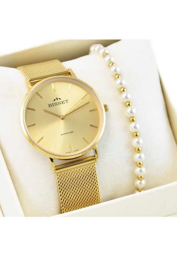 Zegarek Bisset Zestaw damski zegarek Szwajcarski ARITTE złoty + bransoletka. Kolor: złoty
