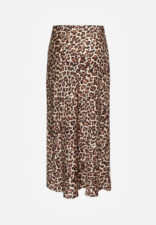 Renee - Brązowa Spódnica High Waist ze Zwierzęcym Printem i Gumką w Talii Dimella. Stan: podwyższony. Kolor: brązowy. Materiał: jedwab, wiskoza. Wzór: motyw zwierzęcy, nadruk. Styl: elegancki, klasyczny, wizytowy