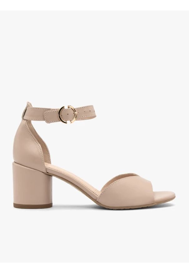Ryłko - Beżowe sandały damskie na słupku. Kolor: beżowy. Materiał: skóra. Obcas: na słupku. Styl: street. Wysokość obcasa: średni