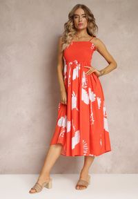 Renee - Pomarańczowa Rozkloszowana Sukienka w Kwiaty Cronida. Kolor: pomarańczowy. Długość rękawa: na ramiączkach. Wzór: kwiaty