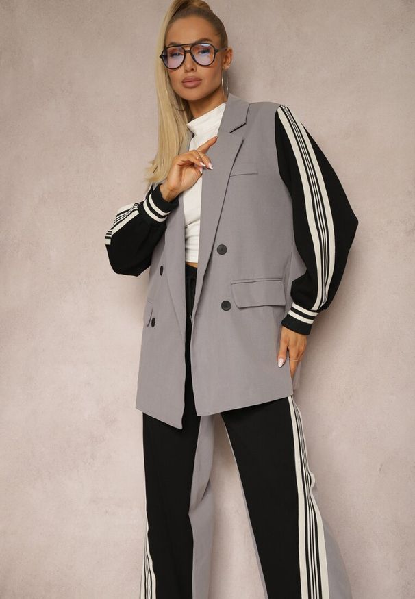 Renee - Szary Streetwearowy Komplet z Marynarką i Spodniami Wide Leg w Prążki Naorin. Kolor: szary. Wzór: prążki