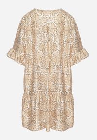 Born2be - Beżowa Sukienka z Lnem o Rozkloszowanym Kroju z Falbanami i Metalicznym Nafrukiem Rinanis. Okazja: na co dzień. Typ kołnierza: dekolt w serek. Kolor: beżowy. Materiał: len. Wzór: aplikacja. Styl: casual, elegancki, klasyczny #7