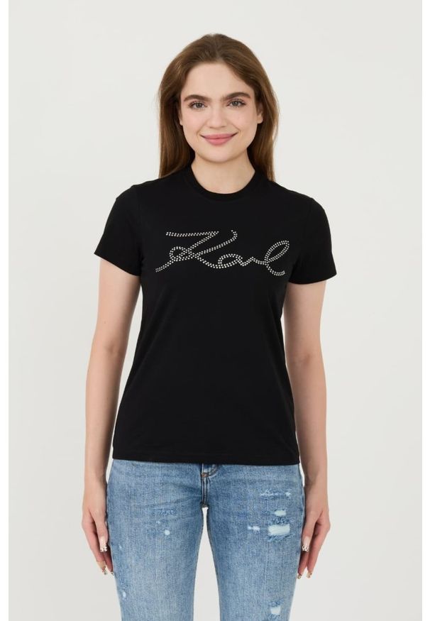 Karl Lagerfeld - KARL LAGERFELD Czarny damski t-shirt Rhinestone Logo, Rozmiar XS. Kolor: czarny